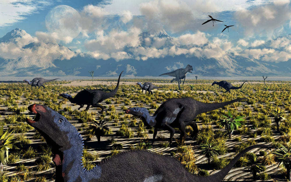 Allosaurus attacking a herd of Camptosaurus dinosaurs poster print.