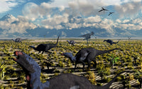 Allosaurus attacking a herd of Camptosaurus dinosaurs poster print.