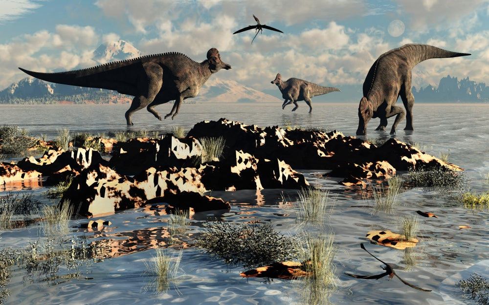 Corythosaurus Duckbill Dinosaurs at Watering Hole Poster Print