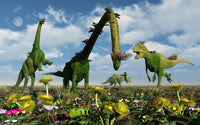 Conceptual Dinosaur Garden Poster Print featuring colorful dinosaurs in a lush garden setting.