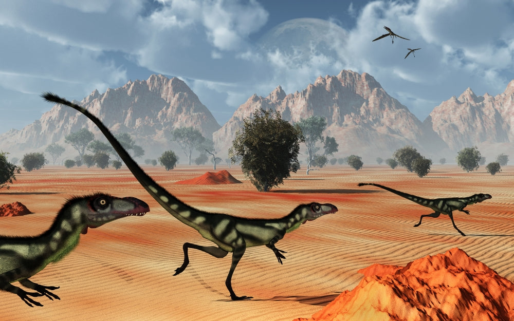 Dilong tyrannosaurid dinosaurs hunting poster print showcasing prehistoric life.