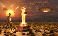 Alien Being at Roswell Crash Site Poster Print, featuring extraterrestrial themes and vibrant colors.