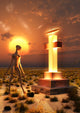 Alien Being at Roswell Crash Site Poster Print, vibrant colors and iconic imagery.