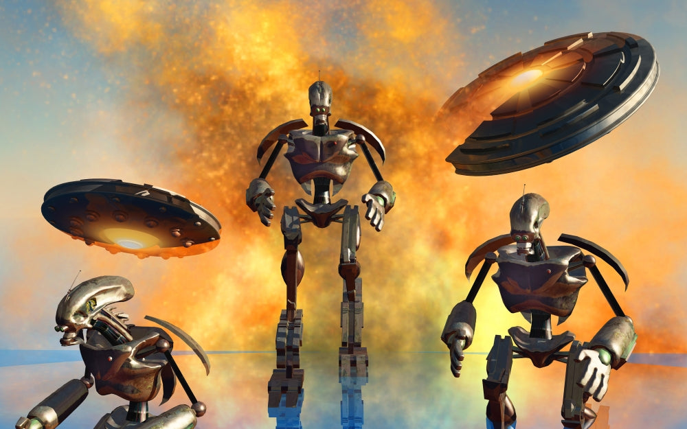Giant Robot Force on the Attack Poster Print showing dynamic action.