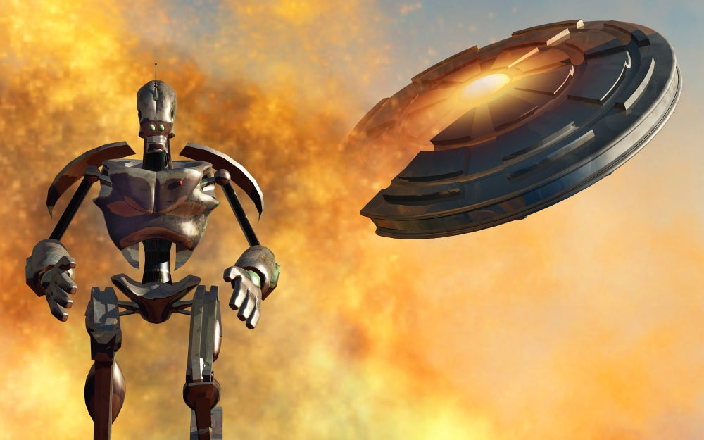 Giant Robot and UFO Attack Poster Print showcasing vibrant colors and action.