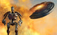 Giant Robot and UFO Attack Poster Print showcasing vibrant colors and action.