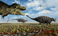 Tyrannosaurus Rex hunting Ankylosaurus dinosaurs poster print.