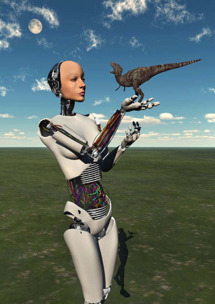 Futuristic android holding a baby T-Rex poster print