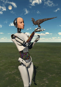Futuristic android holding a baby T-Rex poster print
