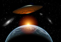 Alien Flying Saucer Visiting Earth Poster Print showcasing extraterrestrial exploration.