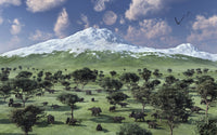 A herd of Albertaceratops grazing on a Cretaceous landscape poster print.