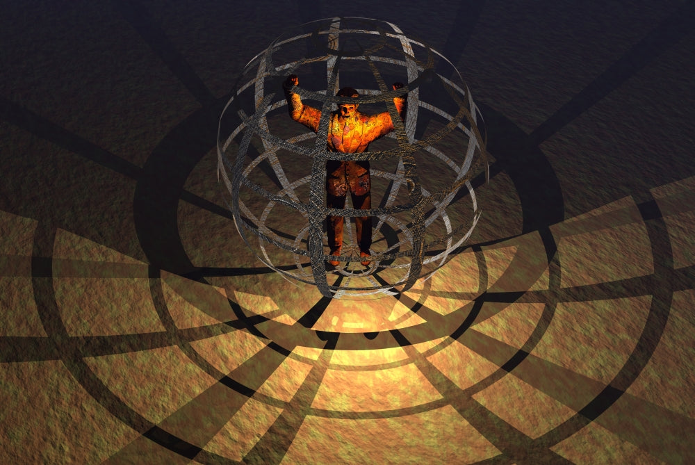 A Human Figure Trapped in a Prison Cage Poster Print showcasing a figure in confinement.