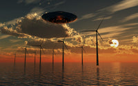 UFO flying above an ocean wind farm at sunset poster print