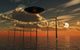 UFO flying above an ocean wind farm at sunset poster print