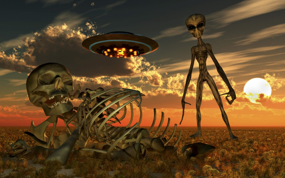 Grey Alien observing humanoid remains with UFO overhead - Poster Print