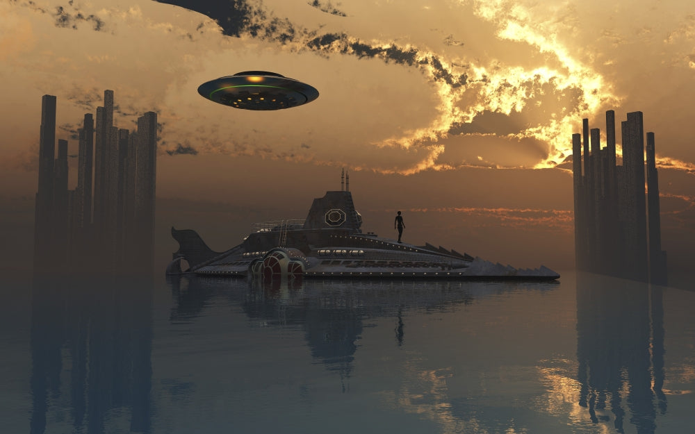Flying saucer and submarine in Atlantis poster print by Mark Stevenson