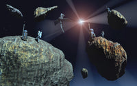Human astronauts surveying asteroids for metals and minerals poster print by Mark Stevenson.