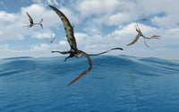 A Flock of Quetzalcoatlus Fishing Poster Print showcasing prehistoric creatures.