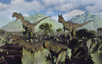 Dilophosaurus dinosaurs poster print depicting Jurassic period art.