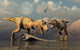 T-Rex dinosaurs preparing to eat a dead sauropod in a vibrant poster print.