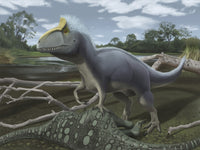 Cryolophosaurus standing over its prey poster print depicting a dinosaur.