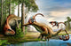 Cretaceous Acrocanthosaurus observing Tenontosaurus being attacked by Deinonychus poster print.