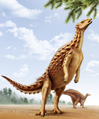 Scelidosaurus poster print featuring a dinosaur eating conifer leaves