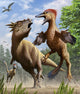 Confrontation between Pectinodon Bakkeri and Stygimoloch poster print depicting Late Cretaceous period.