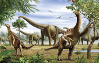 Dinosaur scene poster print featuring Scelidosaurus, Nothronychus, and Argentinosaurus grazing on trees and leaves.
