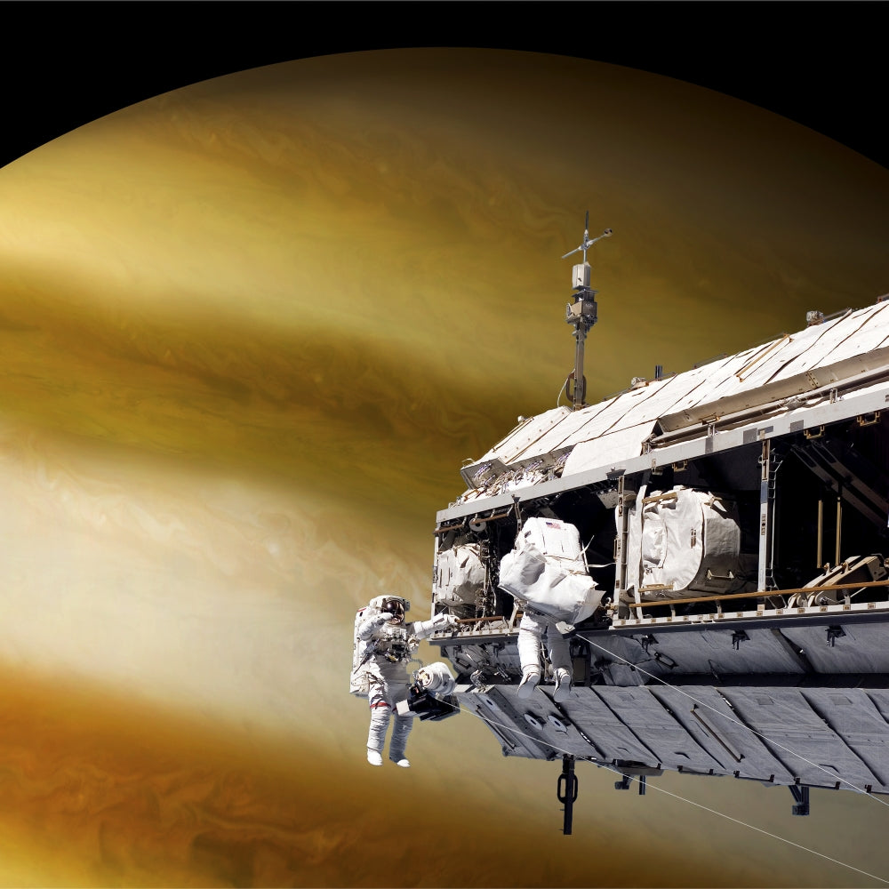 Astronauts working on a space station orbiting an alien planet poster print.