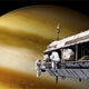 Astronauts working on a space station orbiting an alien planet poster print.