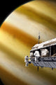 Astronauts working on a space station while orbiting an alien planet poster print.