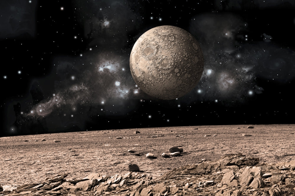 Alien Landscape Poster Print featuring a moonrise over a barren world
