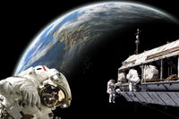 Astronauts working on a space station poster print with Earth-like planet.
