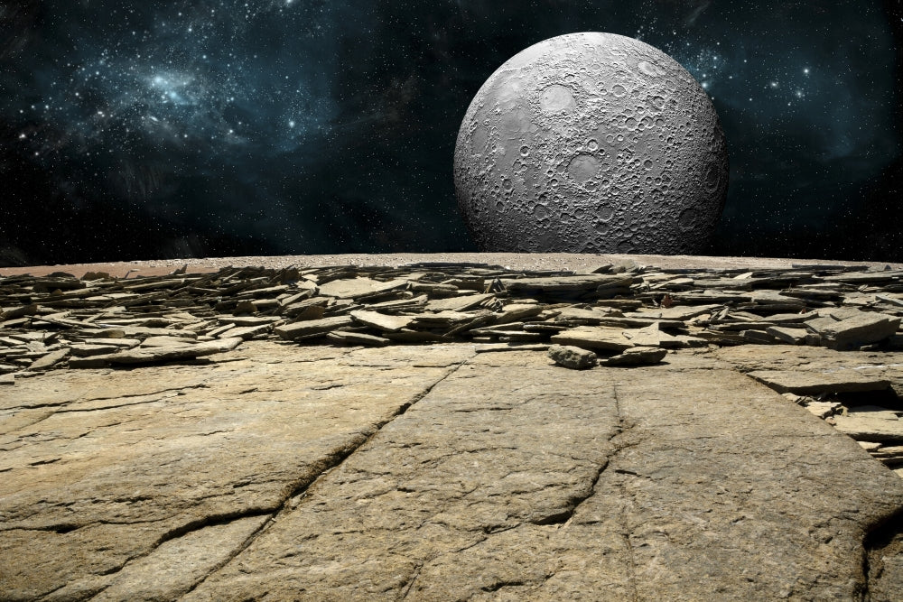 Alien Landscape Poster Print with a cratered moon over a rocky world.