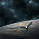 Space probe investigating a beautiful cloud-covered planet poster print.