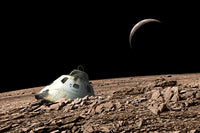 Scorched space capsule abandoned on a barren moon poster print