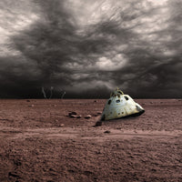 Abandoned Space Capsule Poster Print on a barren world with storm clouds