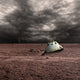 Abandoned Space Capsule Poster Print on a barren world with storm clouds