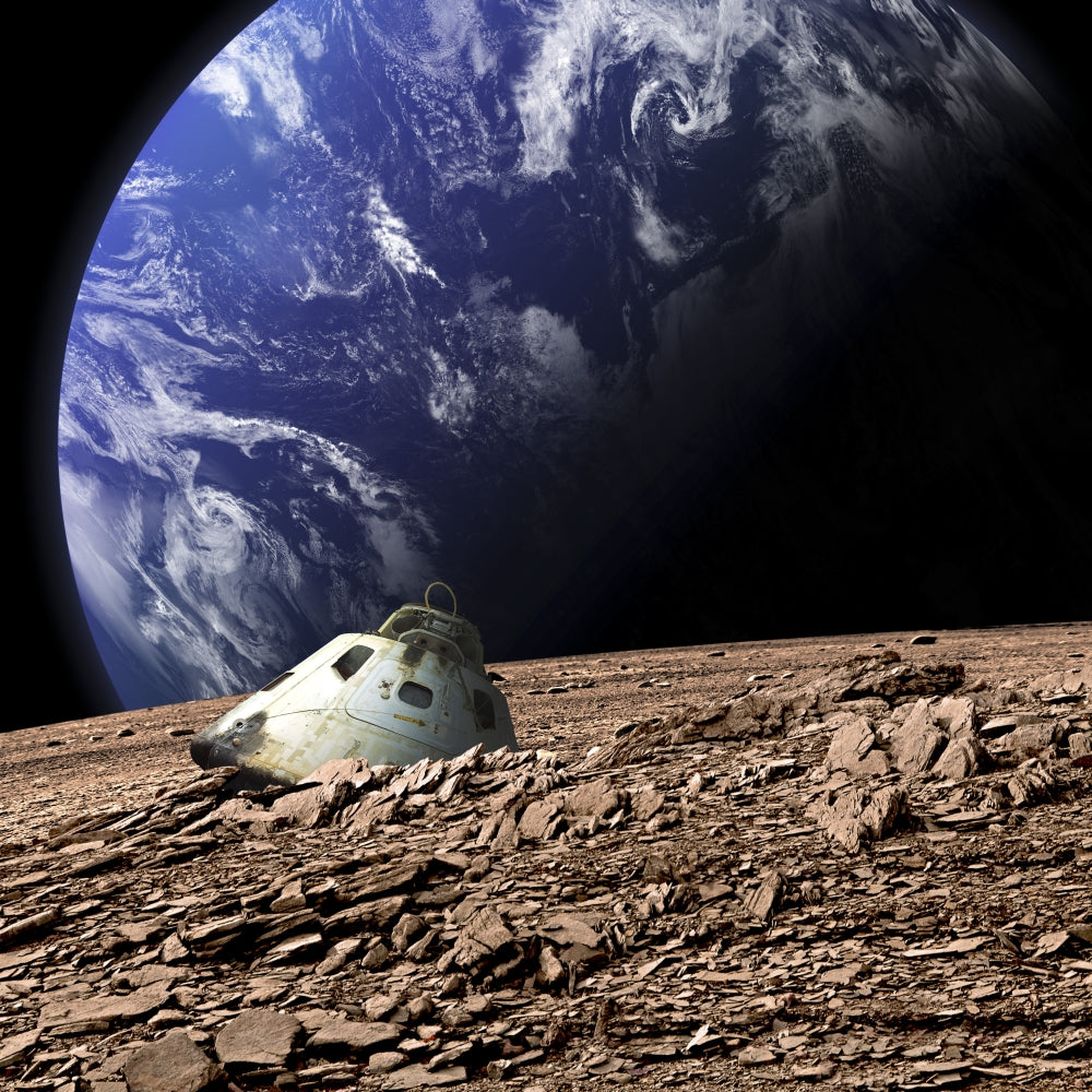 Scorched space capsule poster print on barren moon with Earth-like planet in background.