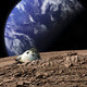Scorched space capsule poster print on barren moon with Earth-like planet in background.