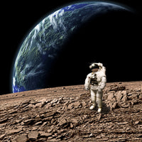 Astronaut on a barren planet poster print featuring an Earth-like planet in the background.