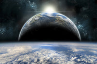 Twin Planets Sunrise Poster Print showcasing a cosmic scene with clouds and water.