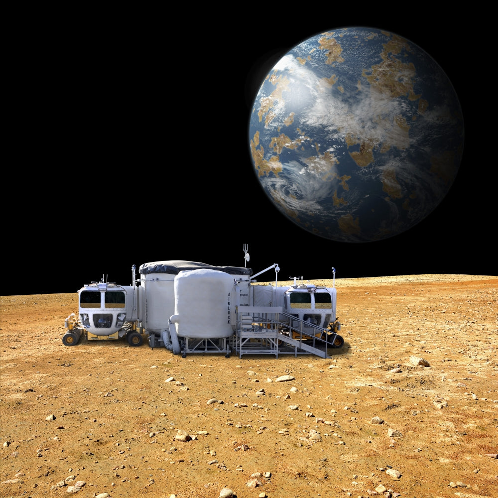 Lunar Base Concept Poster Print featuring a futuristic lunar landscape.