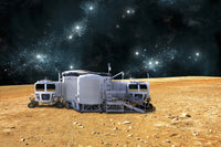 Planetary Base Poster Print featuring a small colony and rovers on a barren world.