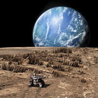 Rover exploring a rocky moon with a water-covered world in the background.