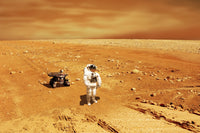 A lone astronaut gazing at the sun on Mars poster print by Marc Ward.