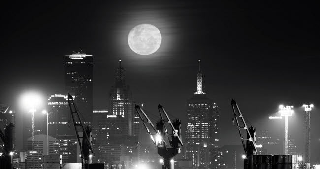 Moonrise Over Melbourne Poster Print showcasing the skyline of Melbourne, Australia.