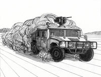 Ink drawing of a humvee driving on a dusty path, poster print.