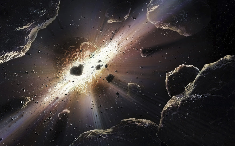 Astronomical illustration of rocky bodies colliding in space, poster print